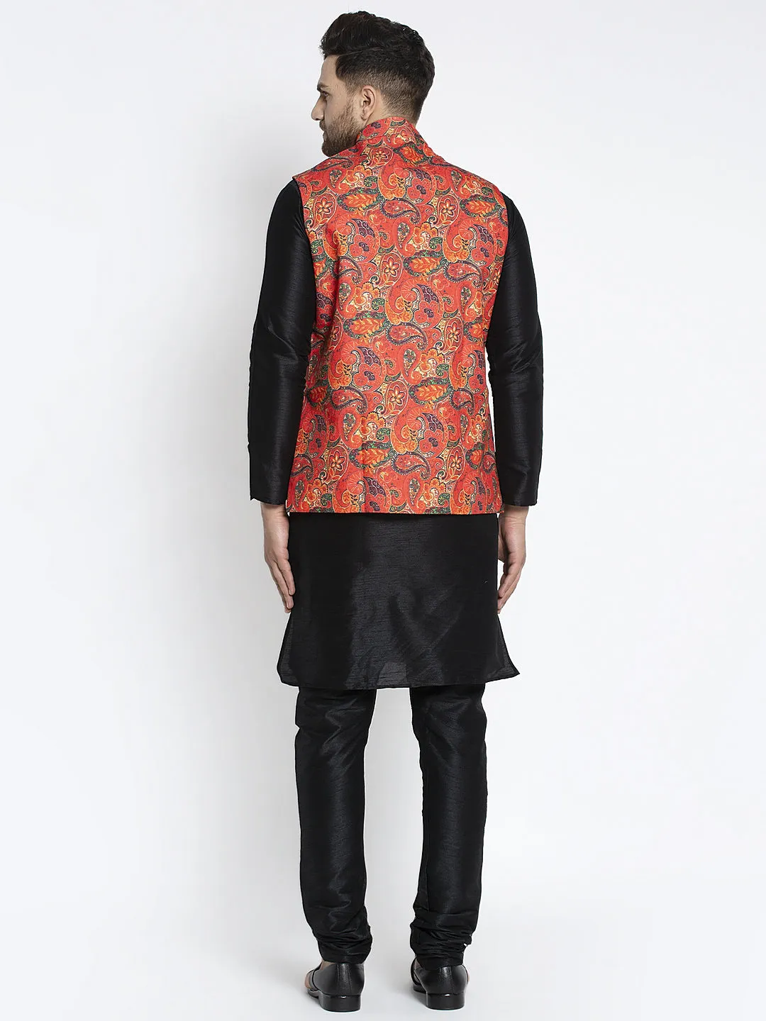 Men's Silk Blend Black Kurta With Pyjama & Orange Printed Nehru Jacket - Benstoke