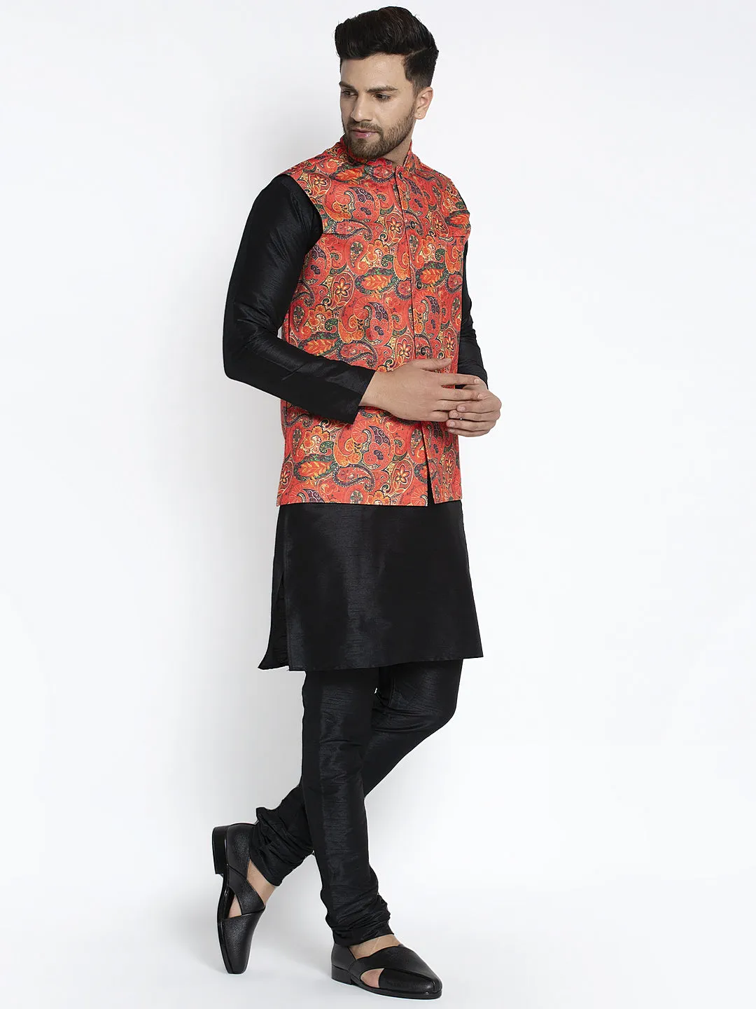 Men's Silk Blend Black Kurta With Pyjama & Orange Printed Nehru Jacket - Benstoke