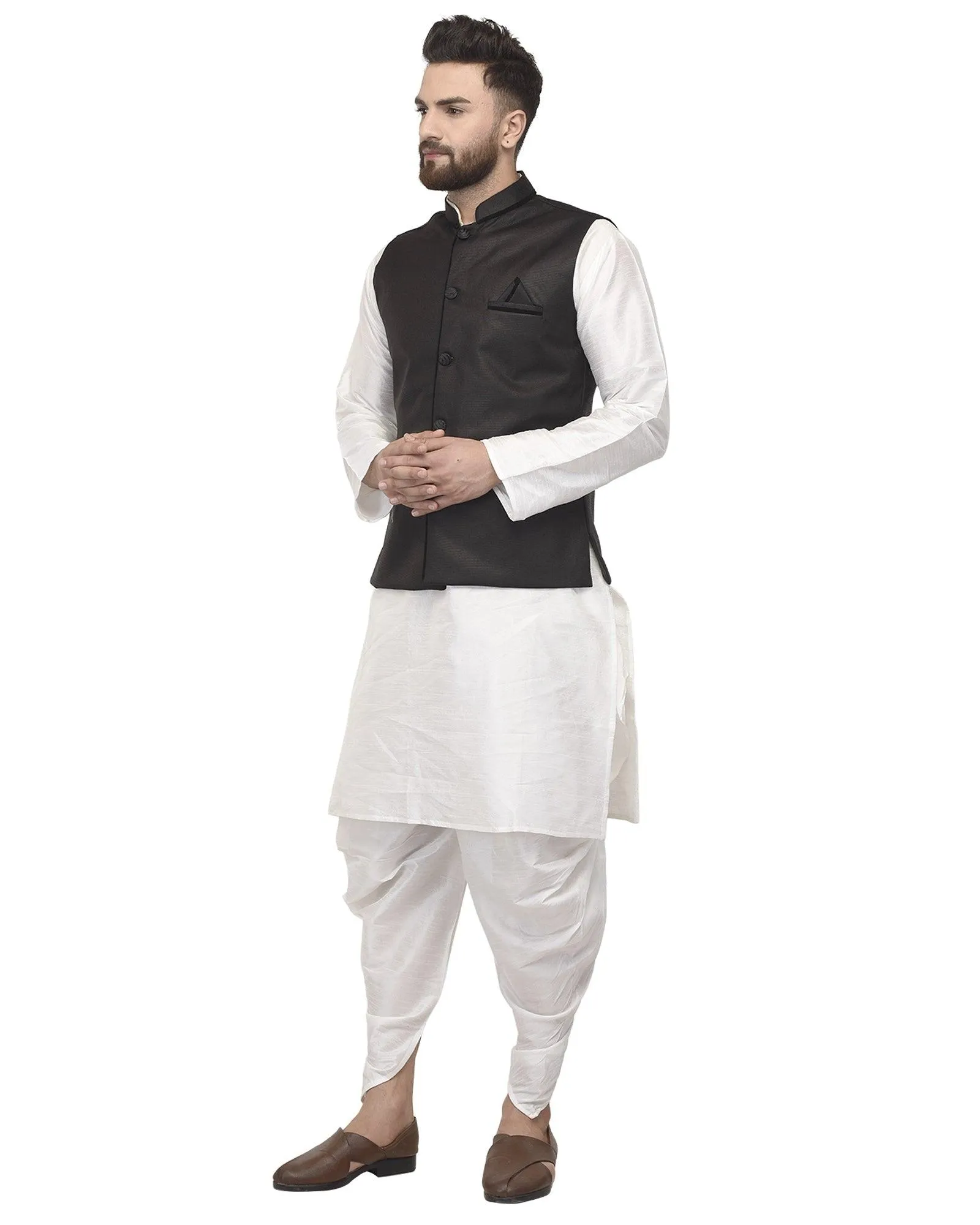 Men's White Kurta With Dhoti & Black Solid Nehru Jacket - Benstoke