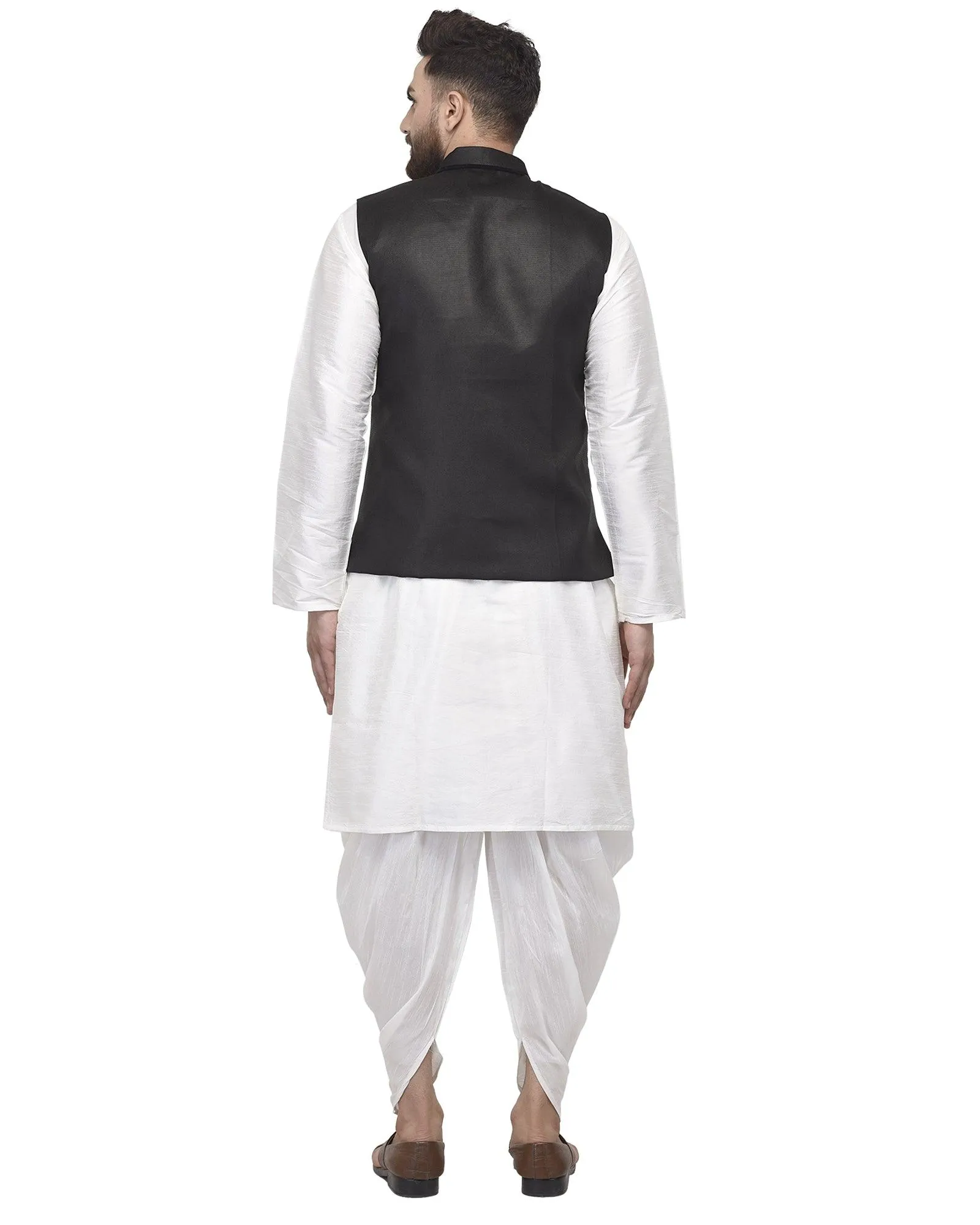 Men's White Kurta With Dhoti & Black Solid Nehru Jacket - Benstoke