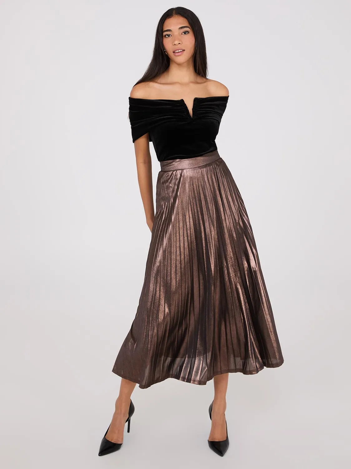 Midi Foil Pleated Skirt