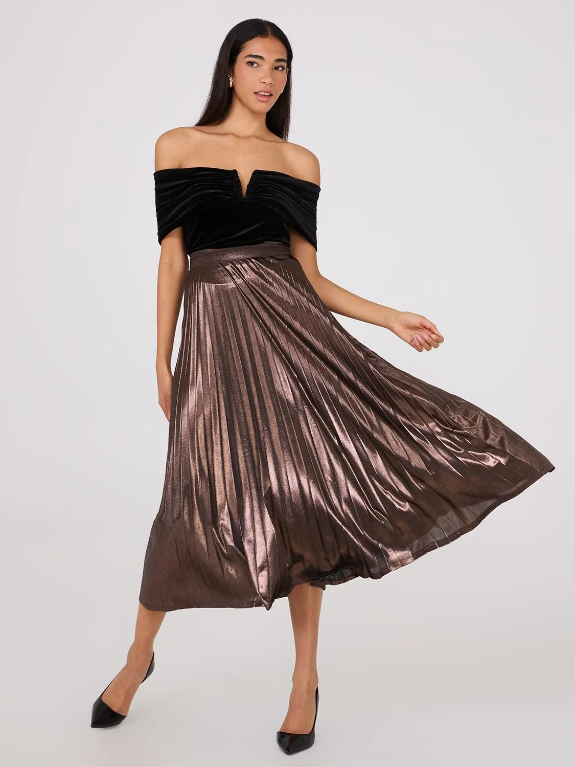 Midi Foil Pleated Skirt