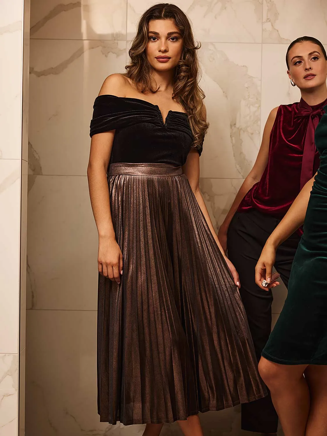 Midi Foil Pleated Skirt