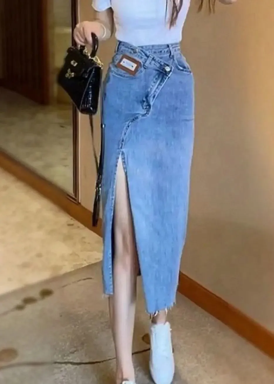 Natural Blue Sashes Patchwork High Waist Denim Maxi Skirts LY7920