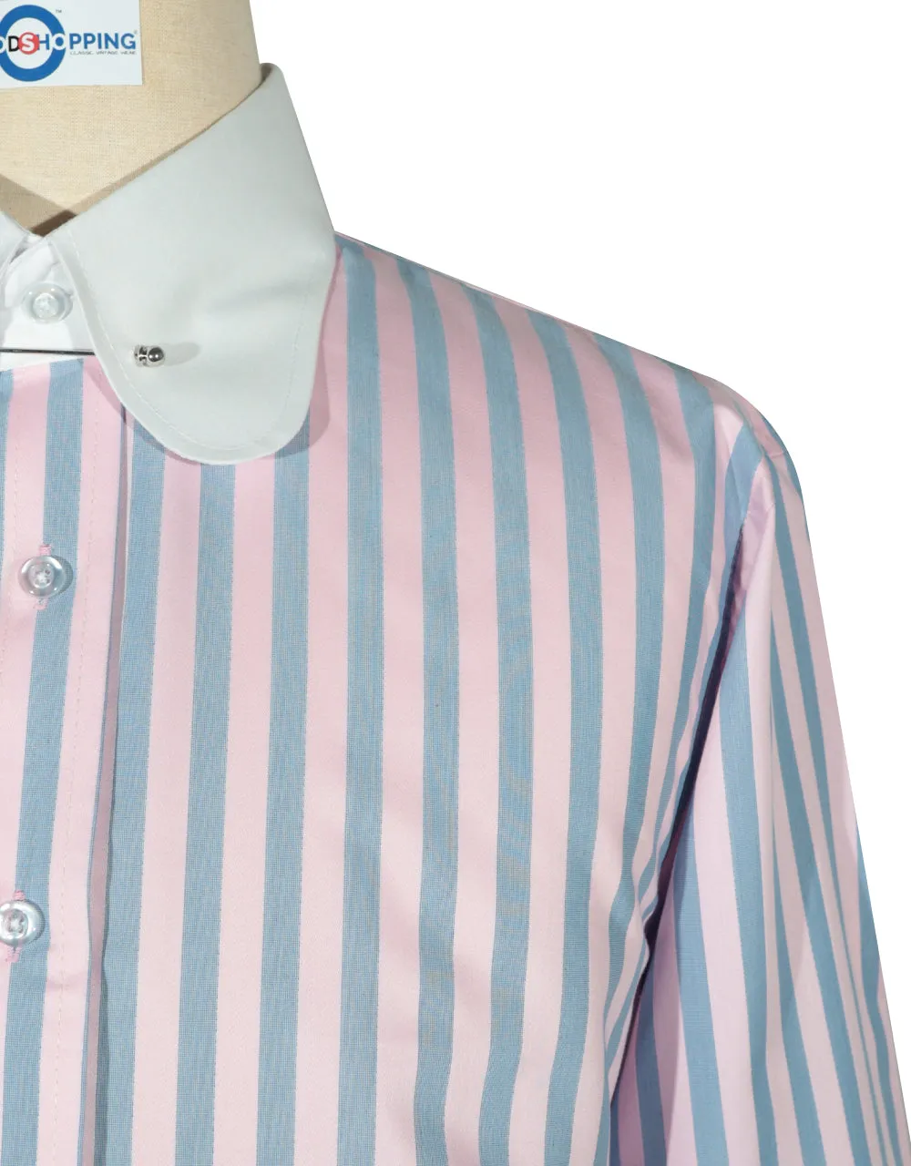 Penny Pin Collar Shirt - Pink Blue and Navy Blue Stripe Shirt