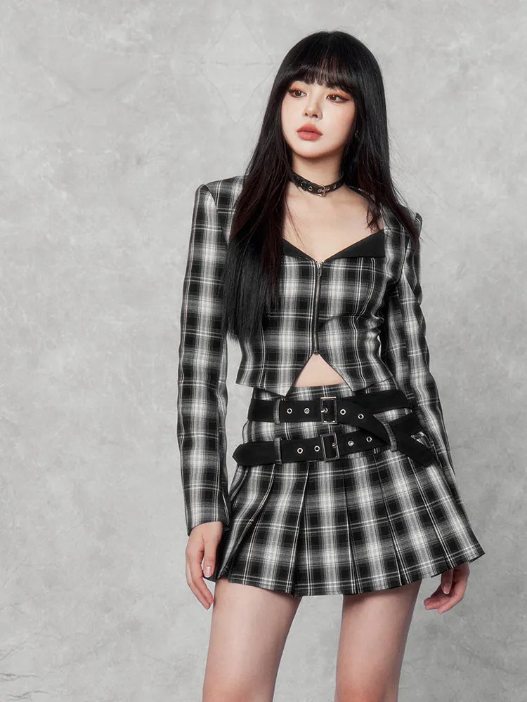 Plaid Punk Cropped Jacket/Pleated Skirt