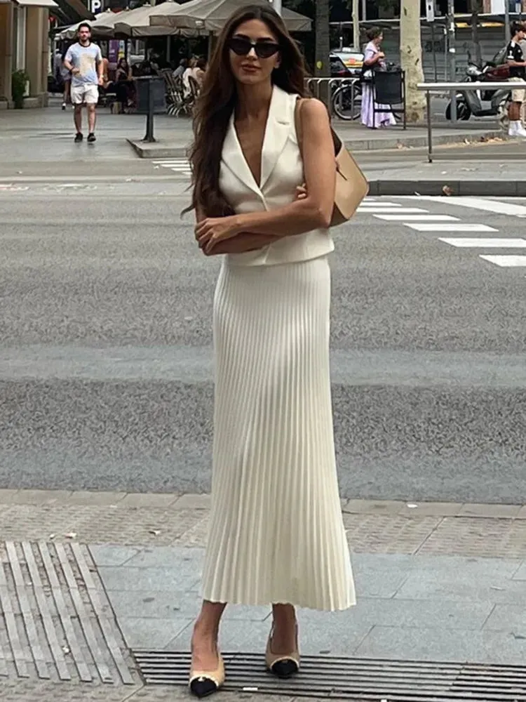 Pleated Midi Skirt Charming And Vest Set