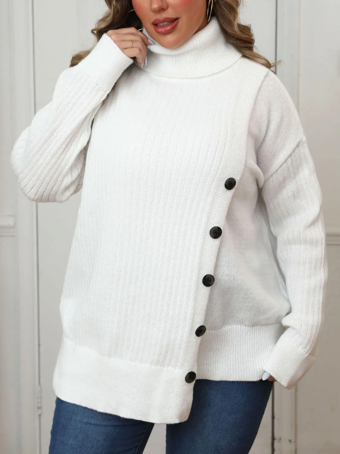 Plus Size Sweater White Turtleneck Long Sleeve Knitwear