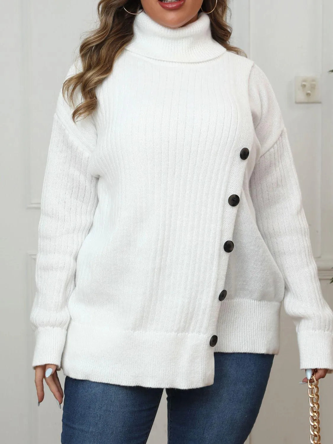 Plus Size Sweater White Turtleneck Long Sleeve Knitwear