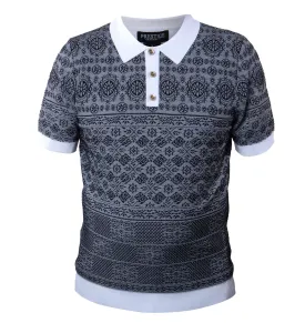 Prestige Black & White Hieroglyphics Knit Button Polo Shirt