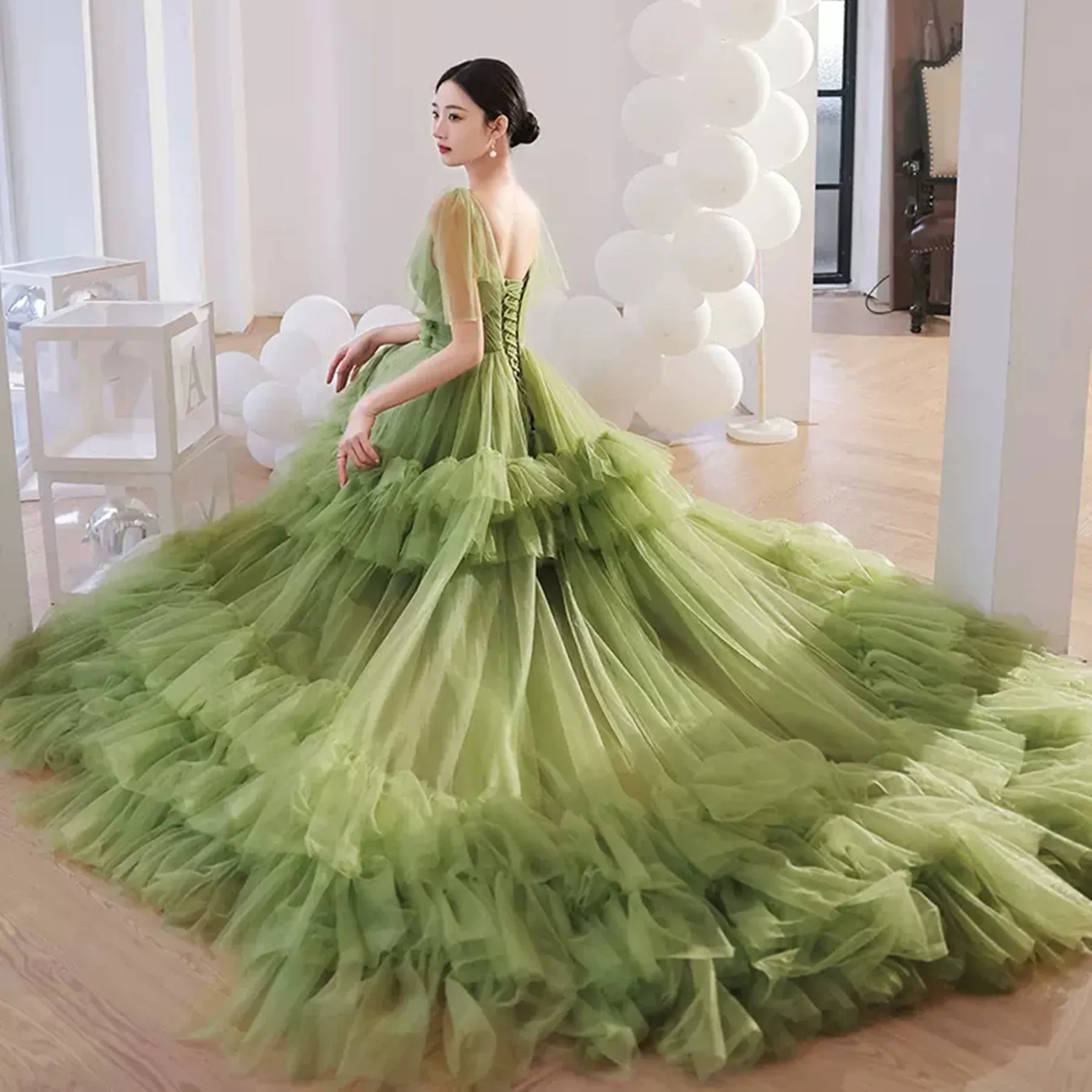 Princess V Neck Green Tulle Long Prom Dress with 3D Flowers, Long Green Formal Evening Dress with Train A1829