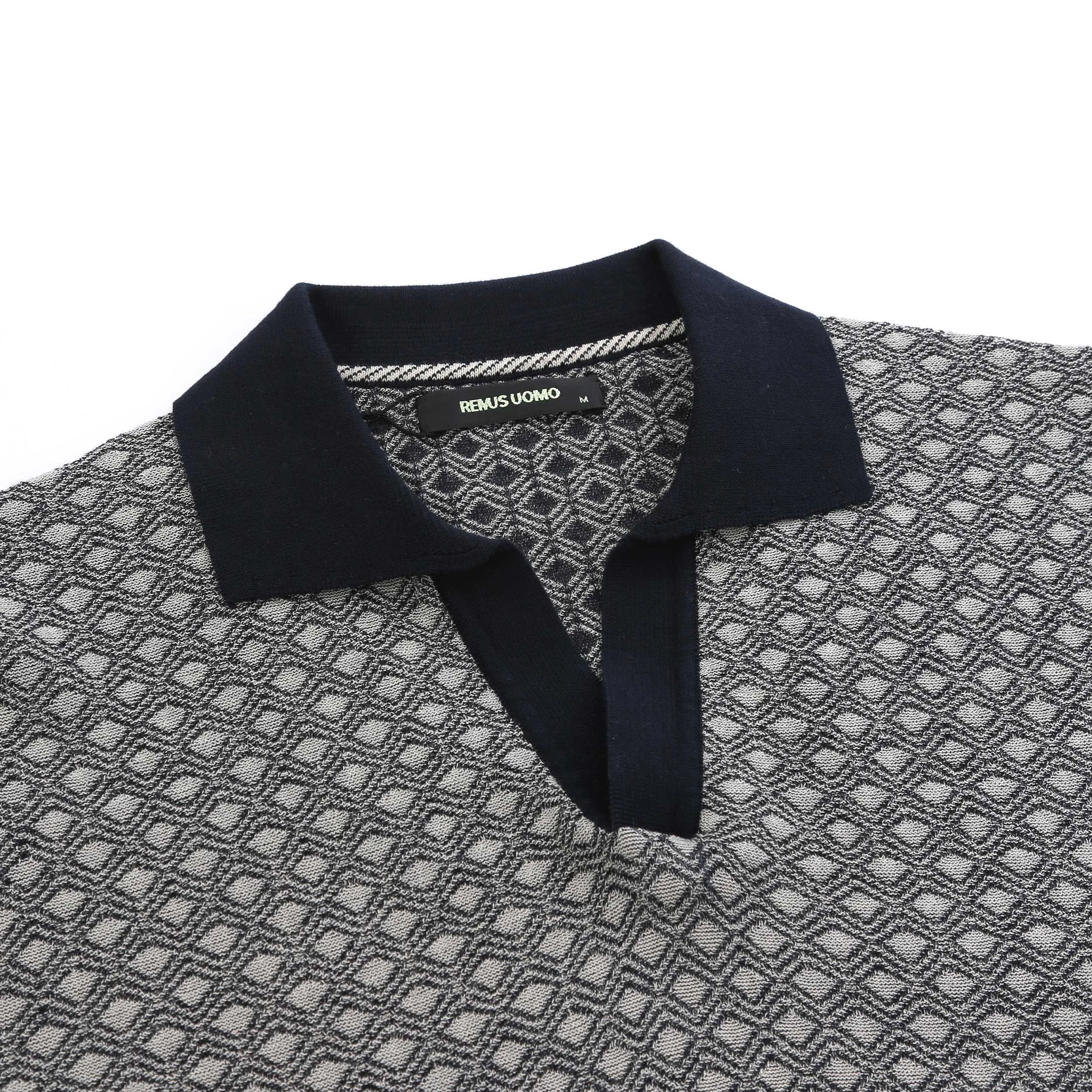 Remus Uomo Open Collar Jacquard Polo Shirt in Navy & Beige