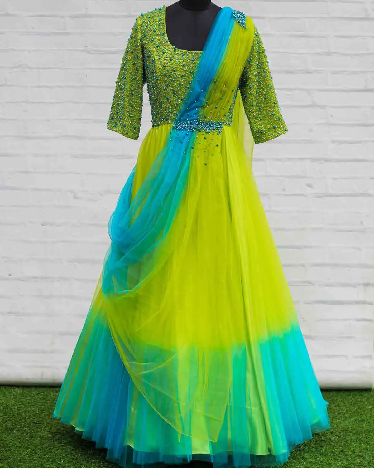 Sea blue and green color gradient gown with draped dupatta