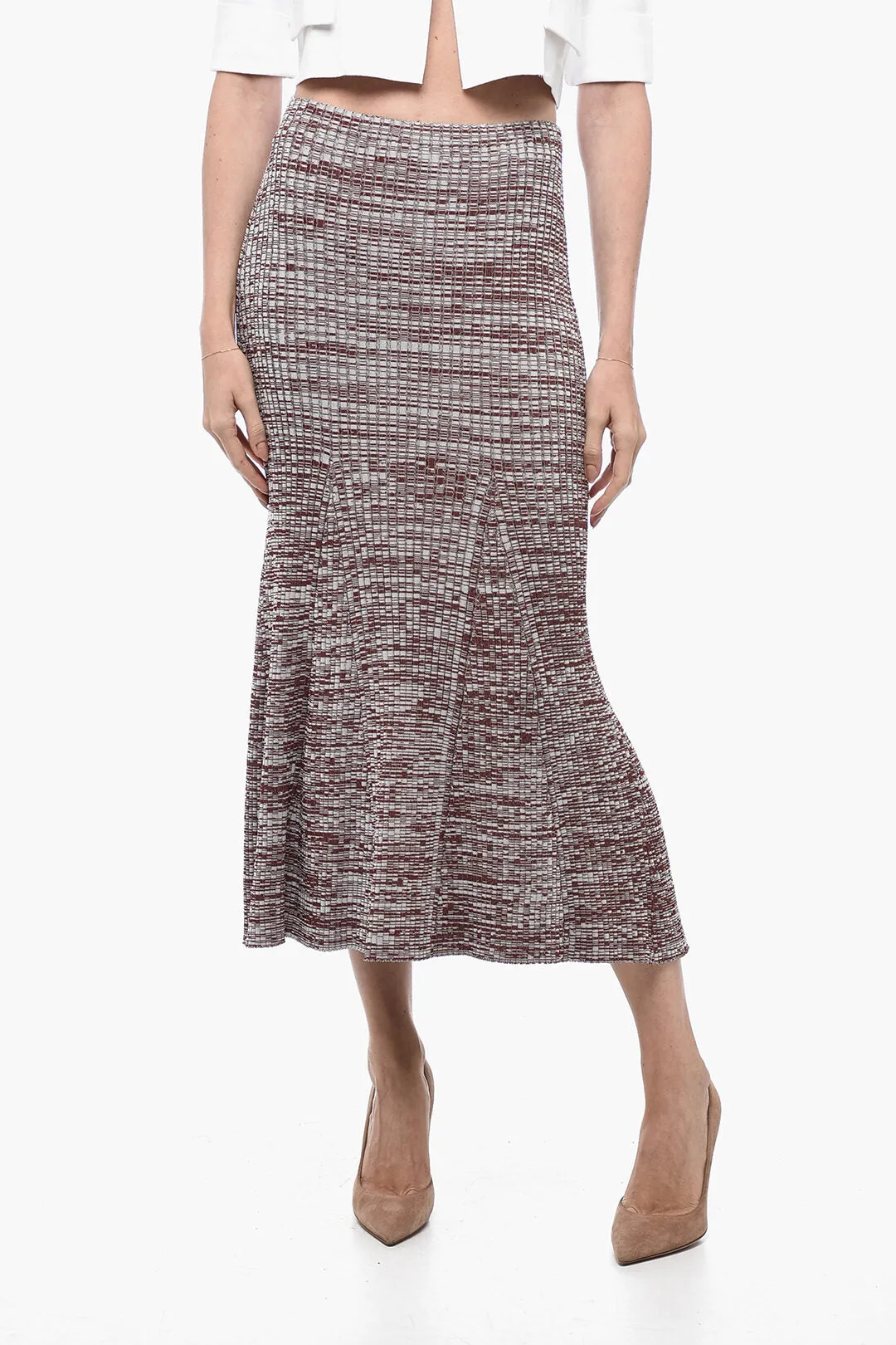 Self-Portrait Ribbed Stretchy Skirt with Flared Hem