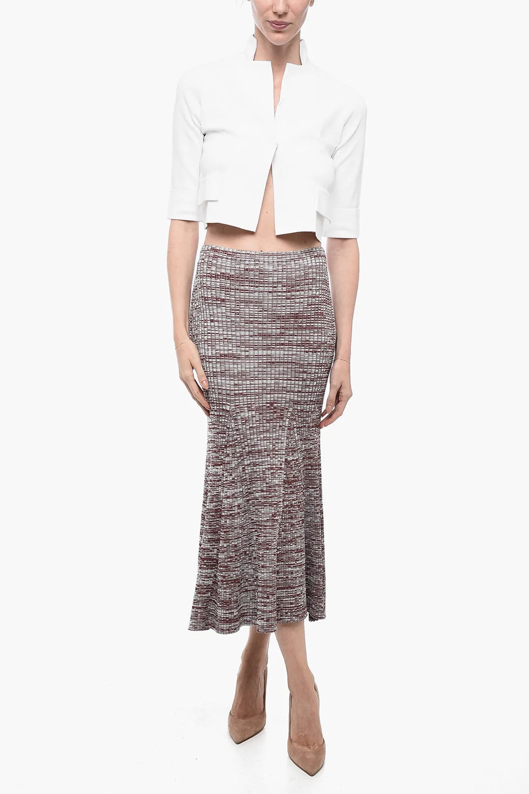 Self-Portrait Ribbed Stretchy Skirt with Flared Hem