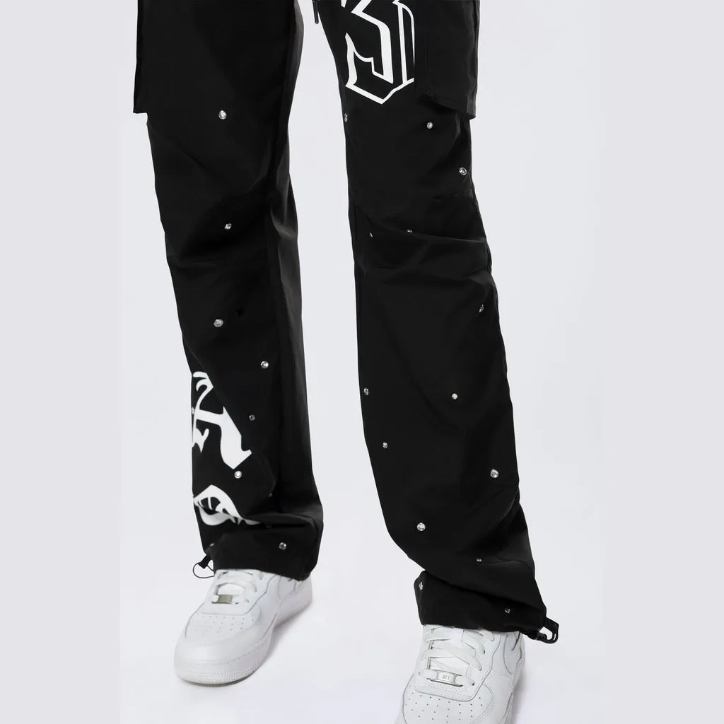 Slouched Straight Rhinestone Pants - Black