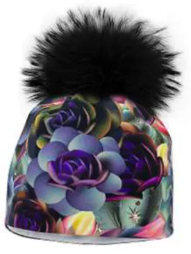 Tuque de Coton Fleurs (Mauve avec Pompon Noir) de La Fleur Mode