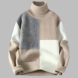 Turtleneck Patchwork Sweater: Knitted Men's Pullover Warm Casual Knit