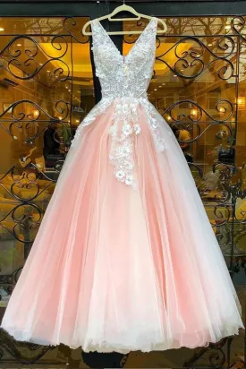 V Neck Pink Lace Appliques Long Sweet 16 Prom Dress, Pink Lace Formal Dress, Pink Evening Dress