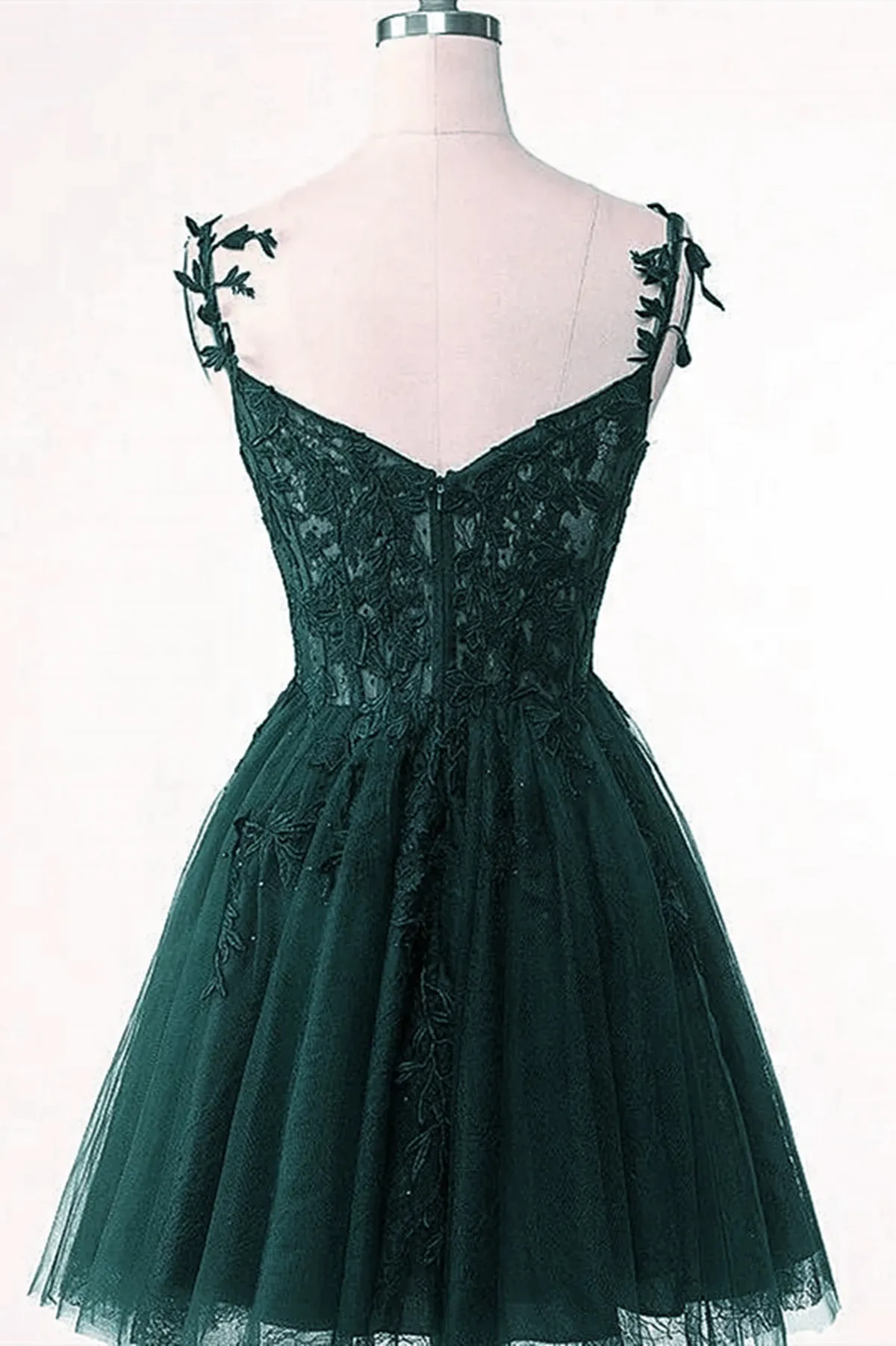 V-Neckline Dark Green Tulle With Lace Short Homecoming Dress Green Short Prom Dress