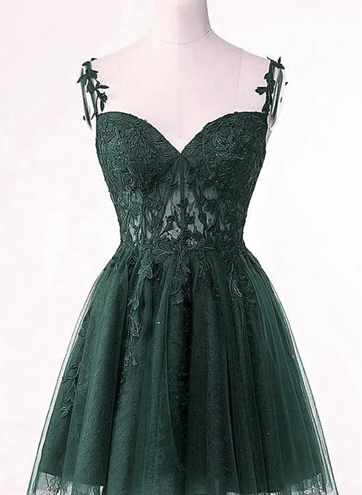 V-Neckline Dark Green Tulle With Lace Short Homecoming Dress Green Short Prom Dress