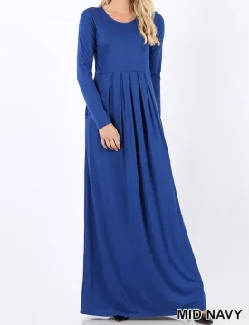 VISCOSE PLEATED WAIST LONG SLEEVE ROUND NECK  DRESS WITH SIDE POCKETS