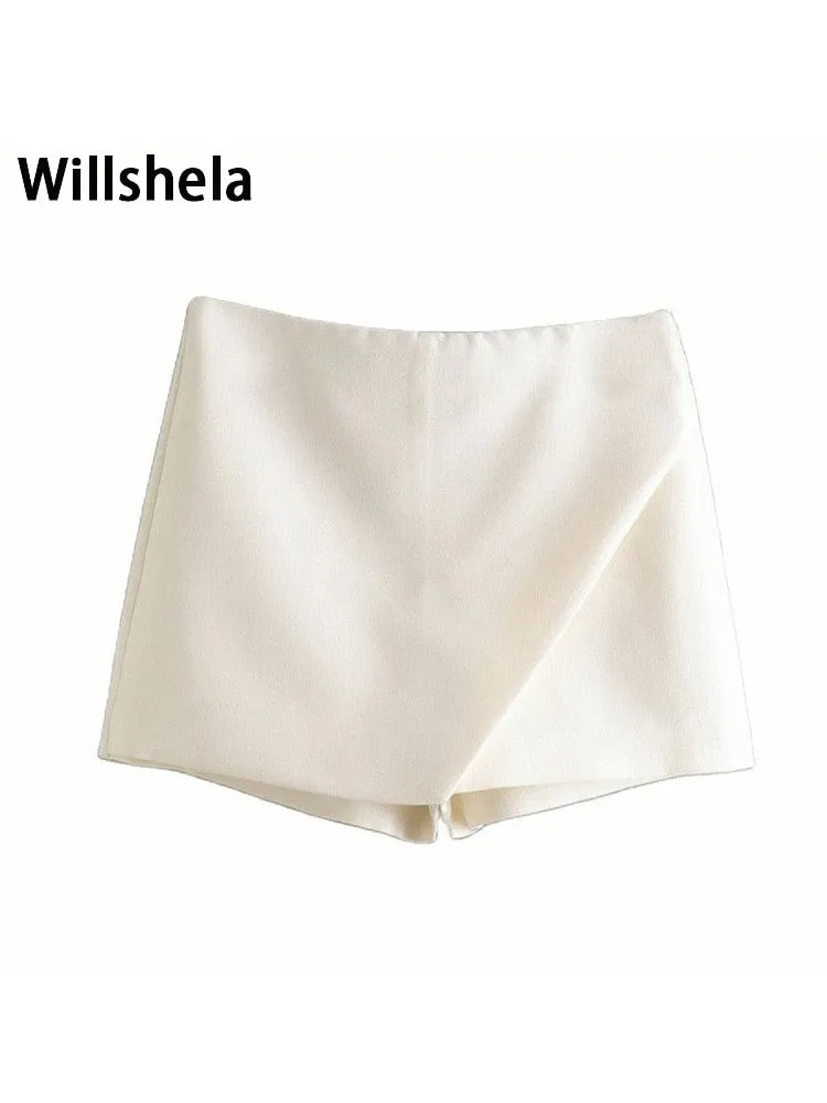 Willshela Women Fashion Asymmetrical Shorts Skirts High Waist Back Pockets Side Zipper Vintage Female Skort Solid