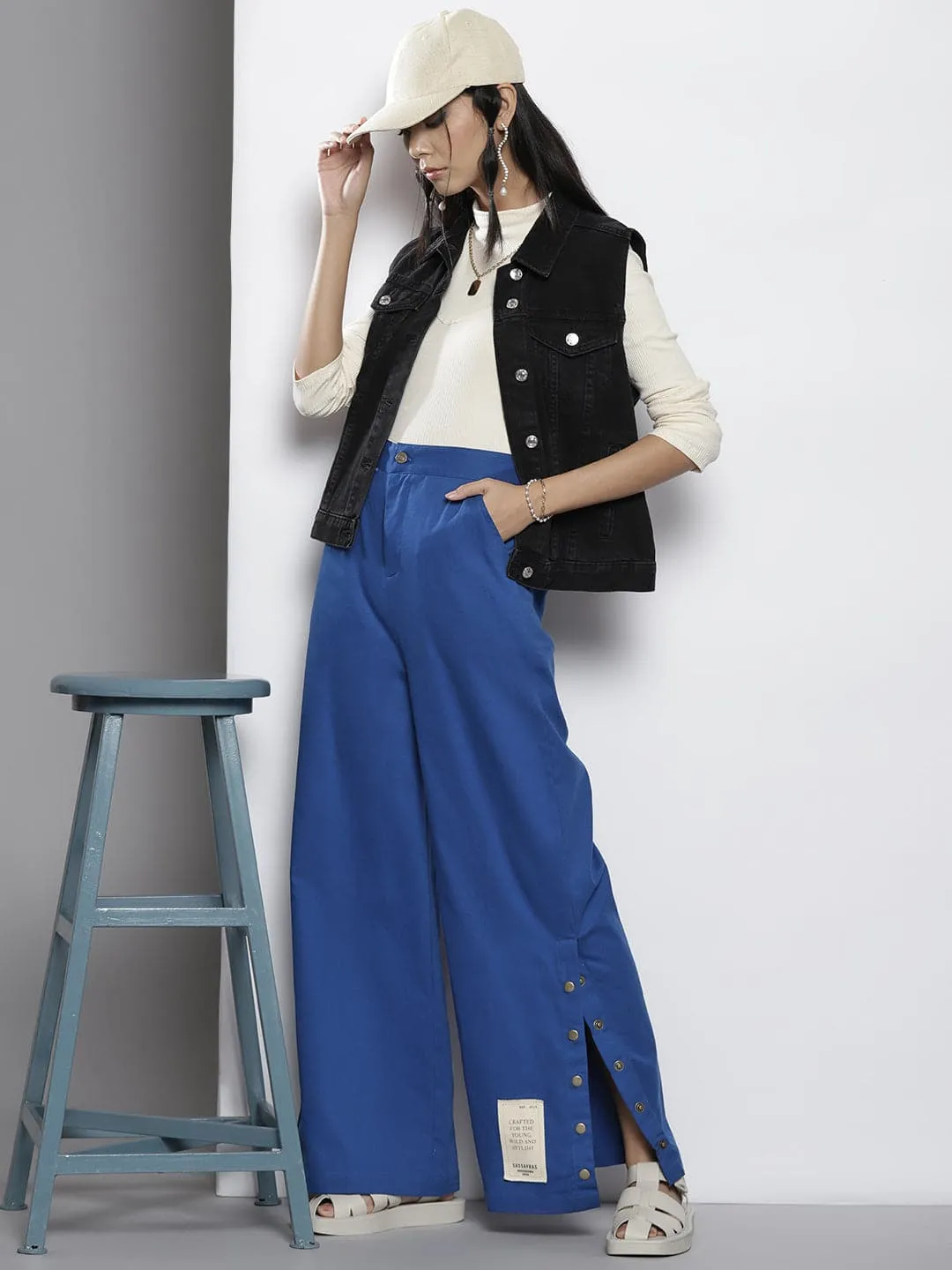 Women Blue Twill Side Button Pants