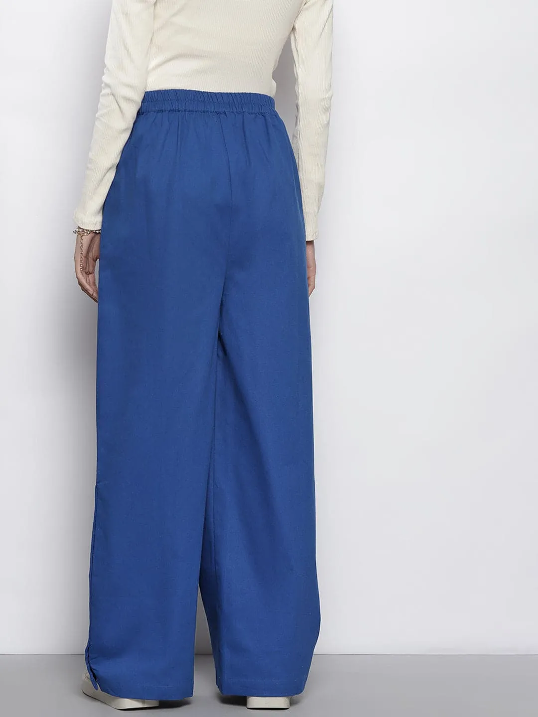 Women Blue Twill Side Button Pants