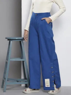 Women Blue Twill Side Button Pants