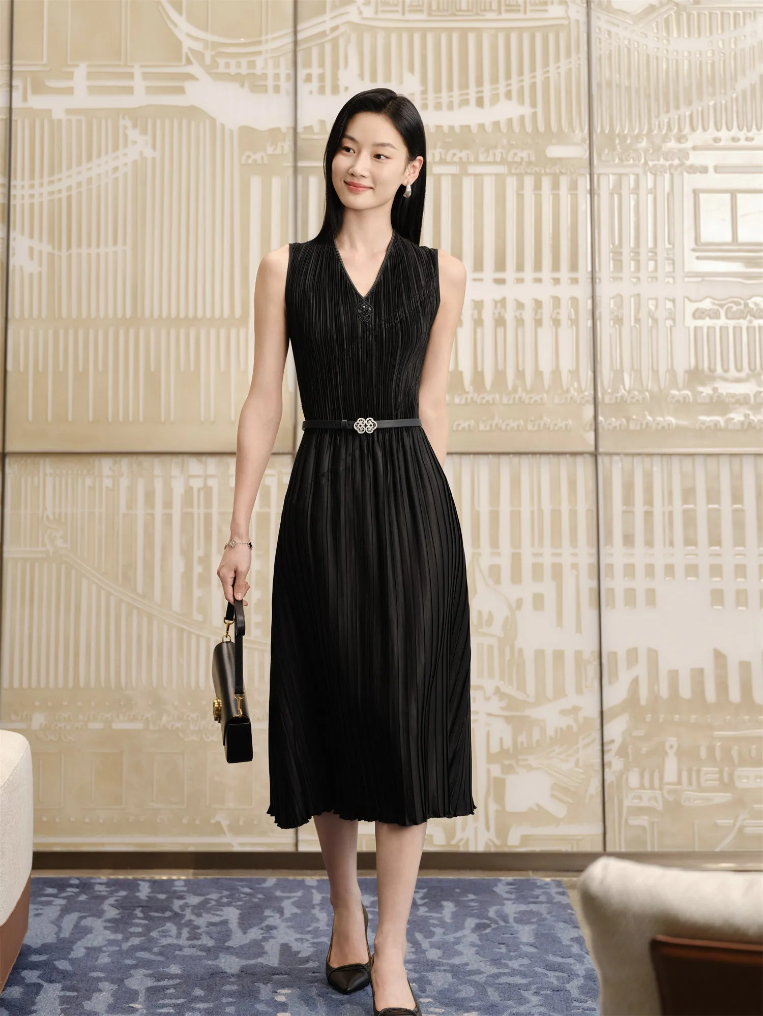 YAYING Pleated Waist-Cinched Dress